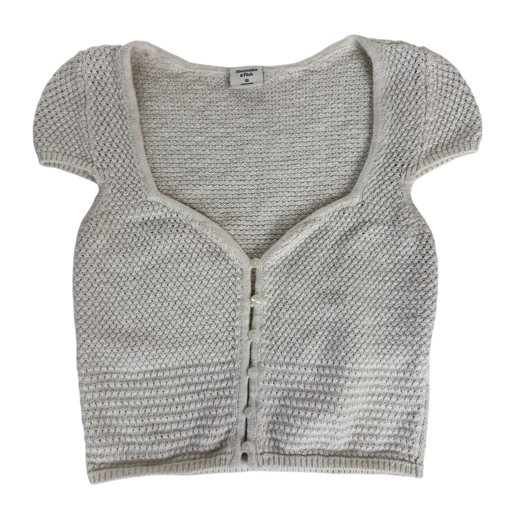Abercrombie‎ & Fitch Womens XS Cream Button Up Short Sleeve Cropped Knit Top